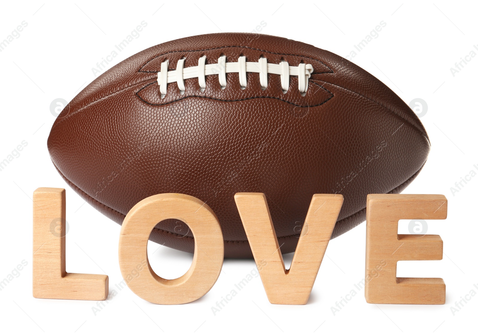 Photo of American football ball and word Love on white background