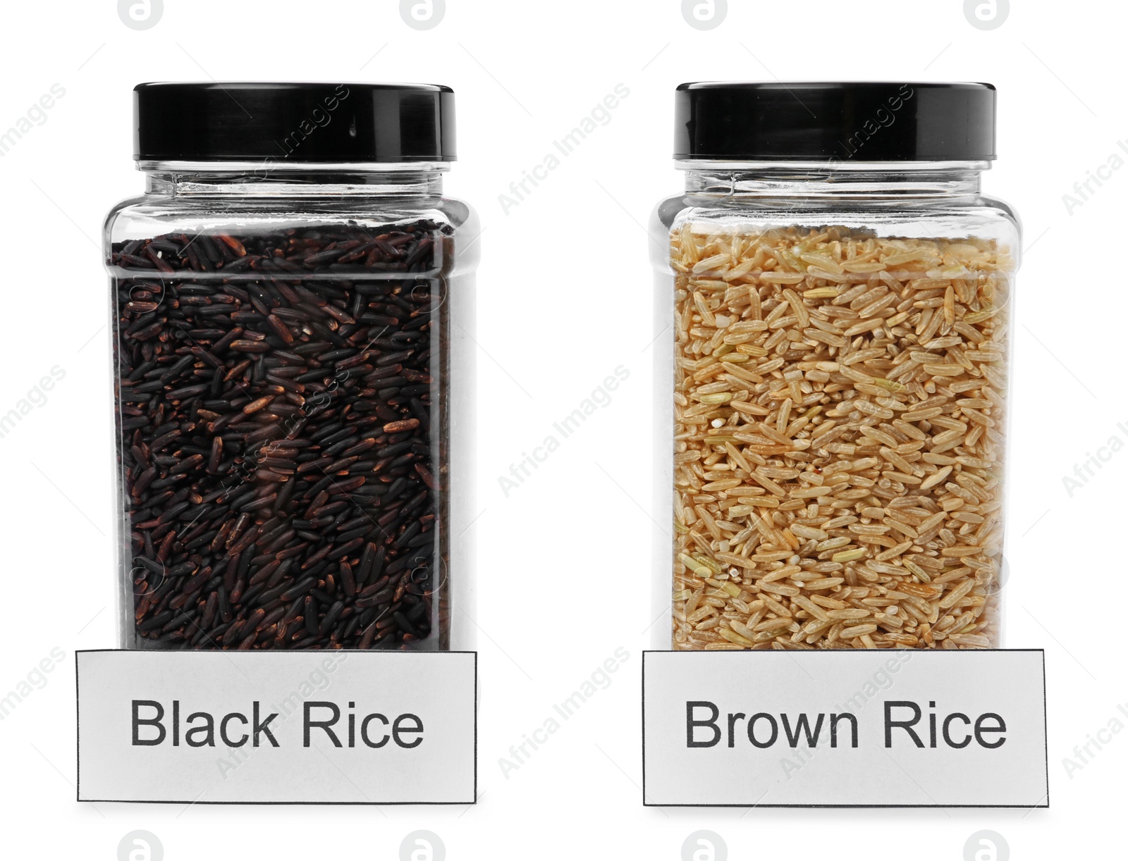 Photo of Black and brown rice in jars with labels, isolated on white. Mock up for design