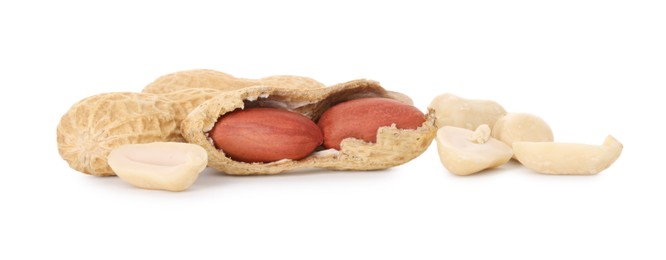 Fresh peanuts isolated on white. Healthy snack