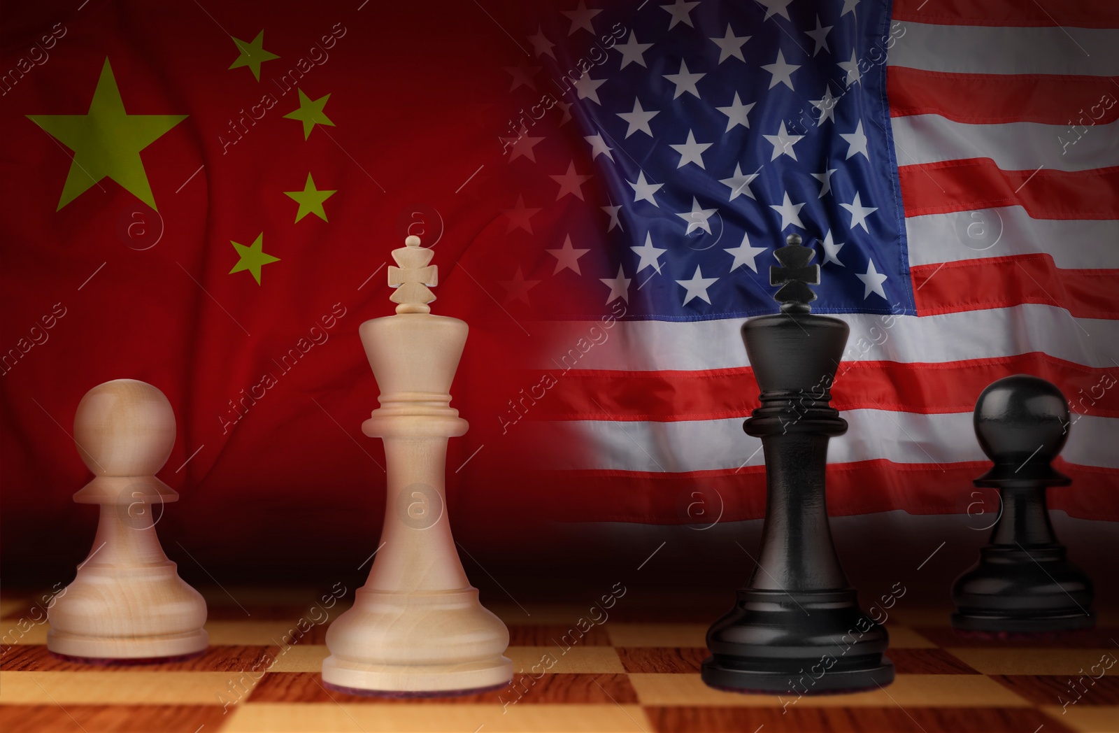 Image of Chess pieces on board and Chinese and American flags on background. Trade war