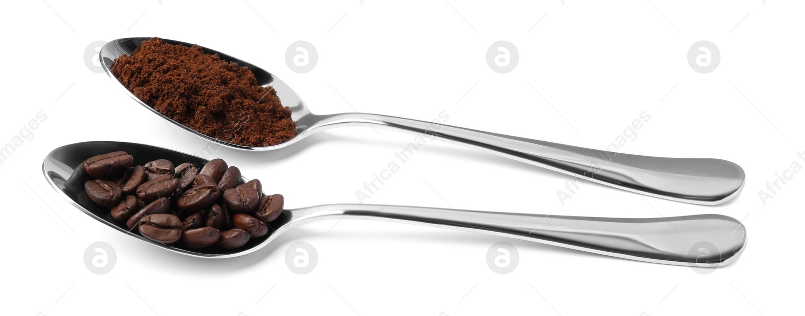 Photo of Spoons of ground coffee and beans on white background