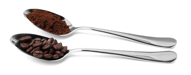 Photo of Spoons of ground coffee and beans on white background