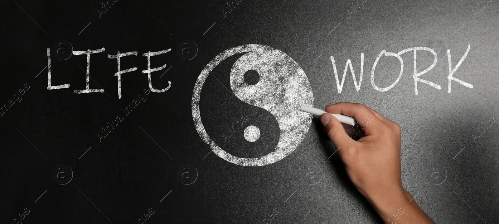 Image of Work-life balance concept. Woman drawing on chalkboard, closeup