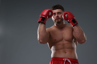 Photo of Man in boxing gloves on grey background, low angle view. Space for text