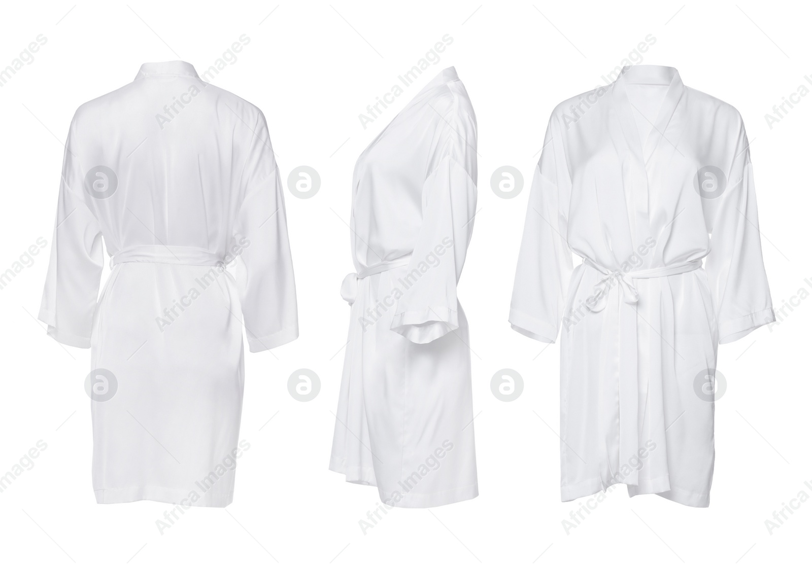 Image of Collage with clean silk bathrobe on white background, different views