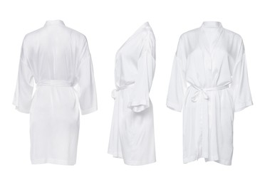 Image of Collage with clean silk bathrobe on white background, different views