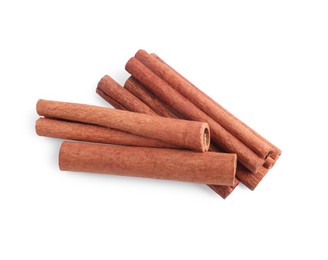 Aromatic cinnamon sticks isolated on white, top view