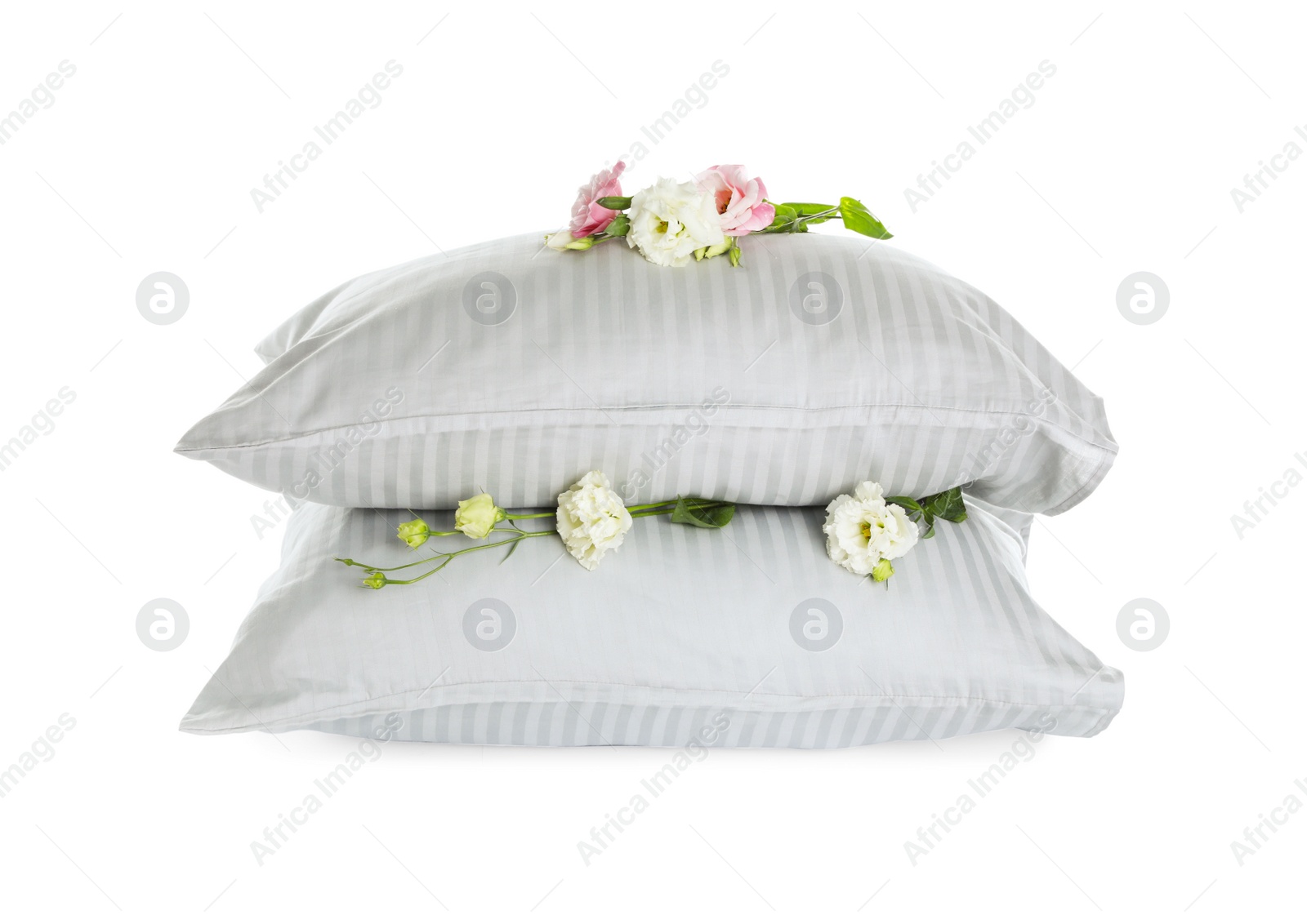 Photo of Soft pillows with beautiful flowers on white background