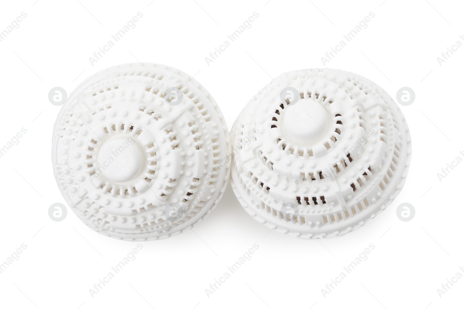 Photo of Dryer balls for washing machine on white background, top view. Laundry detergent substitute