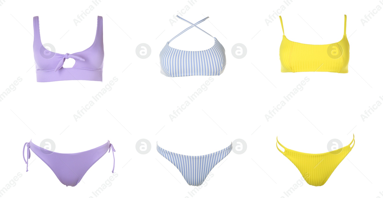 Image of Collection of different stylish bikini on white background. Banner design