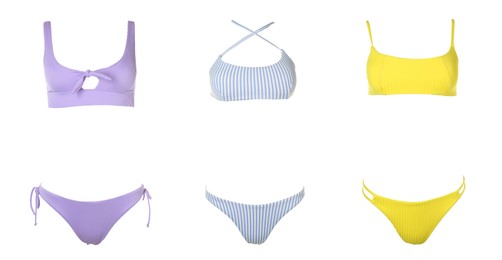 Image of Collection of different stylish bikini on white background. Banner design