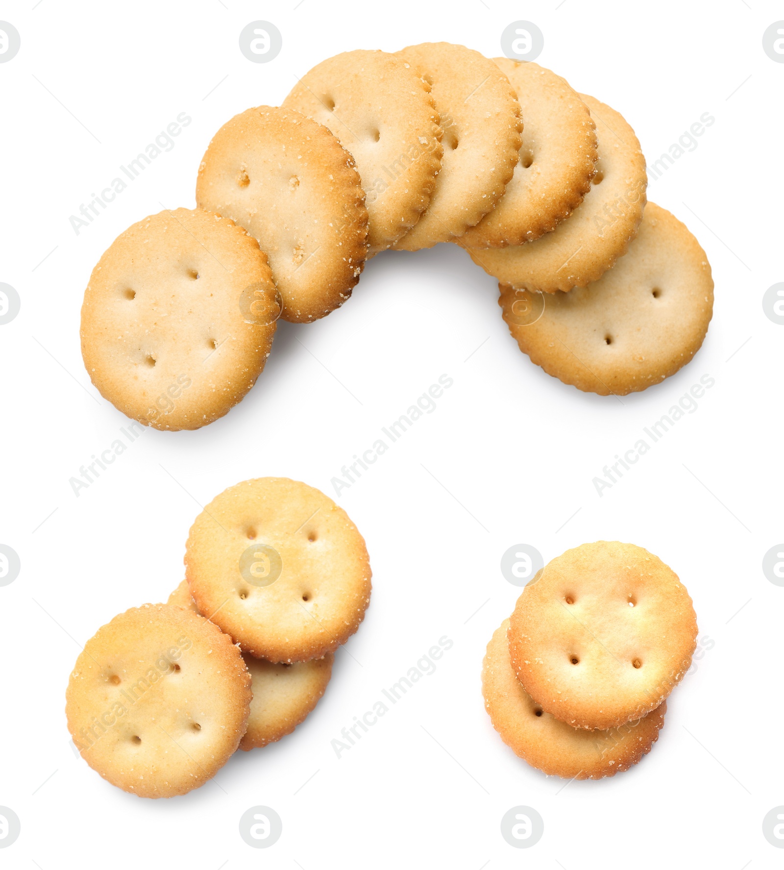 Image of Set of tasty crispy crackers on white background, top view