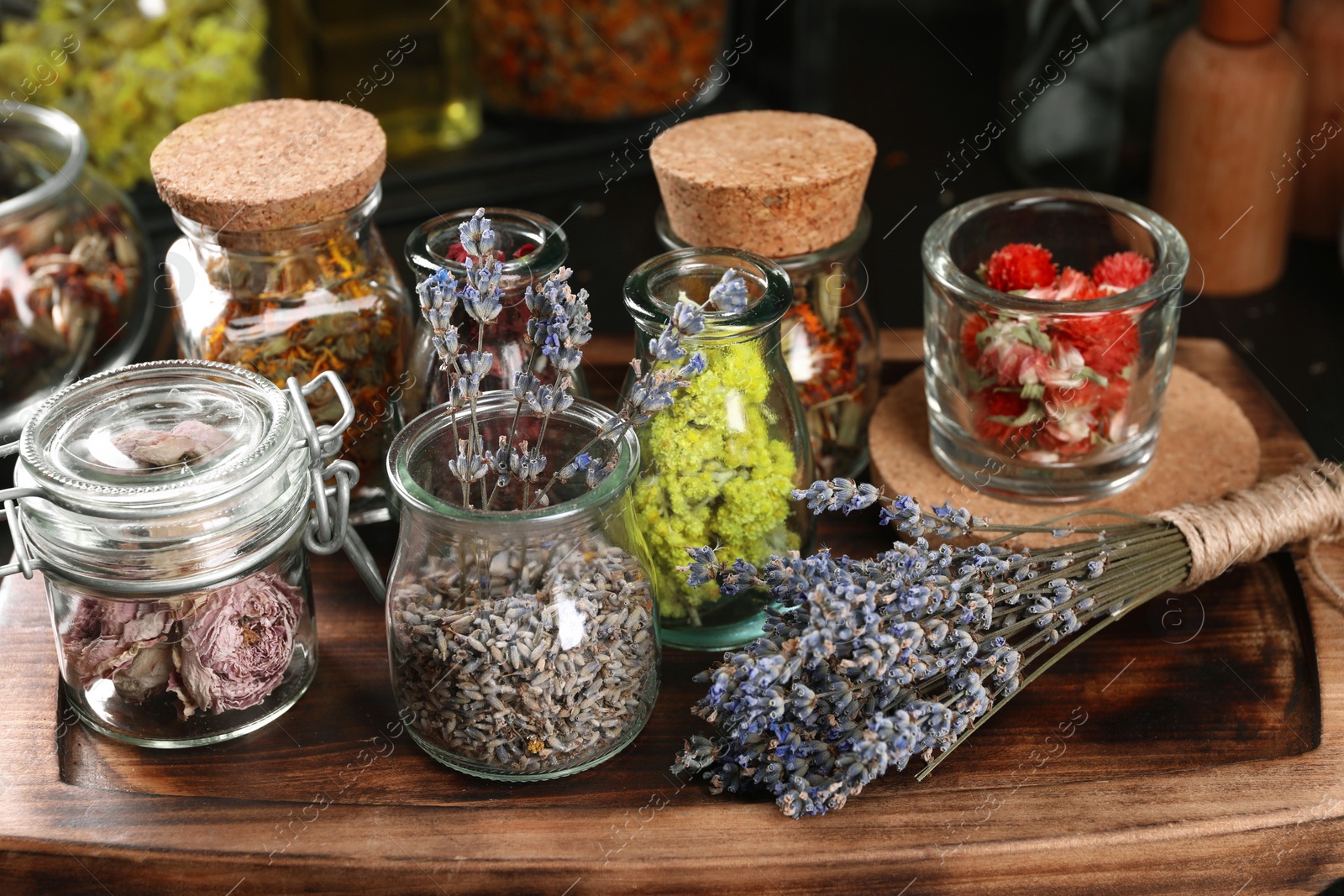 Photo of Many different herbs and dry lavender flowers on wooden board