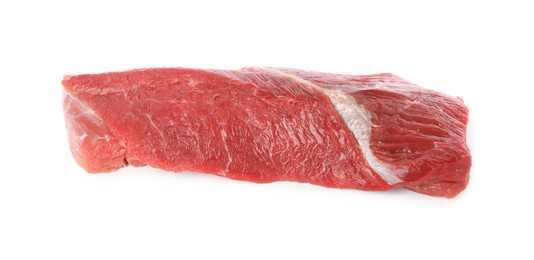 Photo of One raw beef tenderloin isolated on white, top view