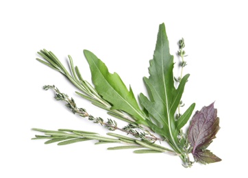 Photo of Composition with rosemary and other herbs on white background, top view