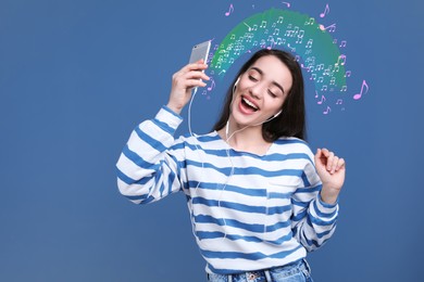 Happy woman listening to music through headphones on blue background, space for text. Music notes illustrations flowing from gadget