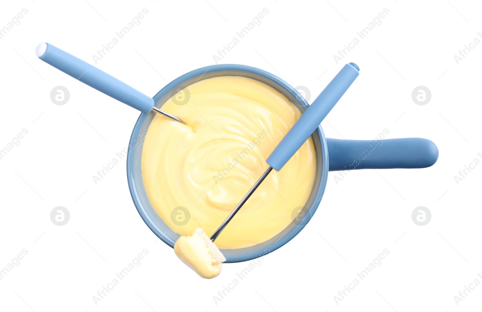 Photo of Pot of delicious cheese fondue and fork with bread on white background, top view