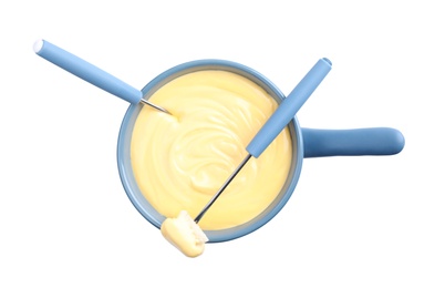 Pot of delicious cheese fondue and fork with bread on white background, top view