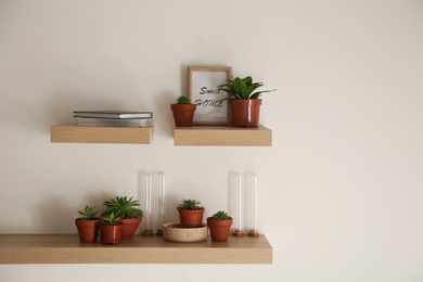 Photo of Wooden shelves with beautiful plants and different decorative elements on light wall. Space for text