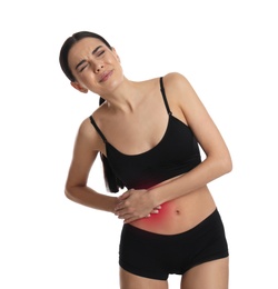 Photo of Woman suffering from liver pain on white background