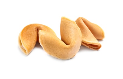 Photo of Traditional homemade fortune cookies on white background