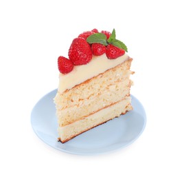 Piece of tasty cake with fresh strawberries and mint isolated on white