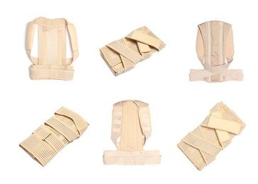 Image of Set with orthopedic corsets on white background