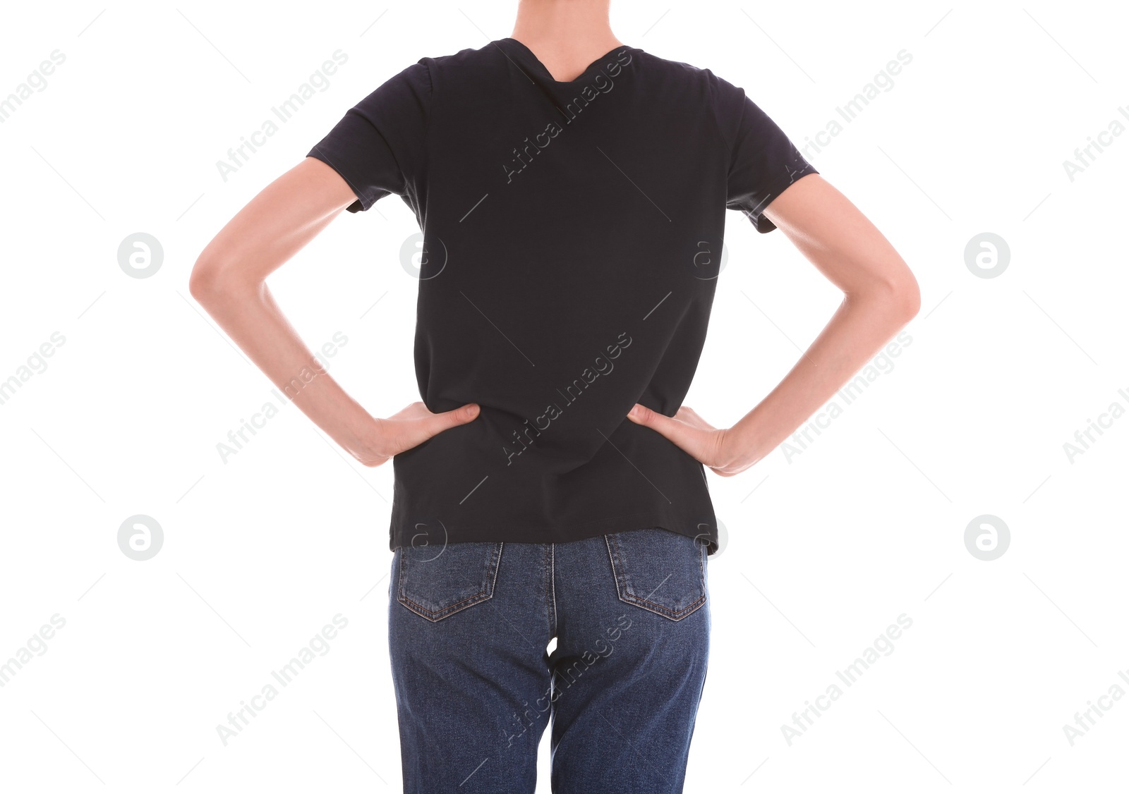 Photo of Young slim woman on white background, closeup. Weight loss