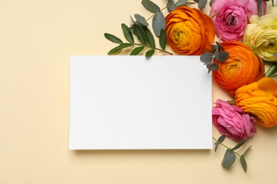 Beautiful ranunculus flowers and paper card on beige  background, flat lay. Space for text