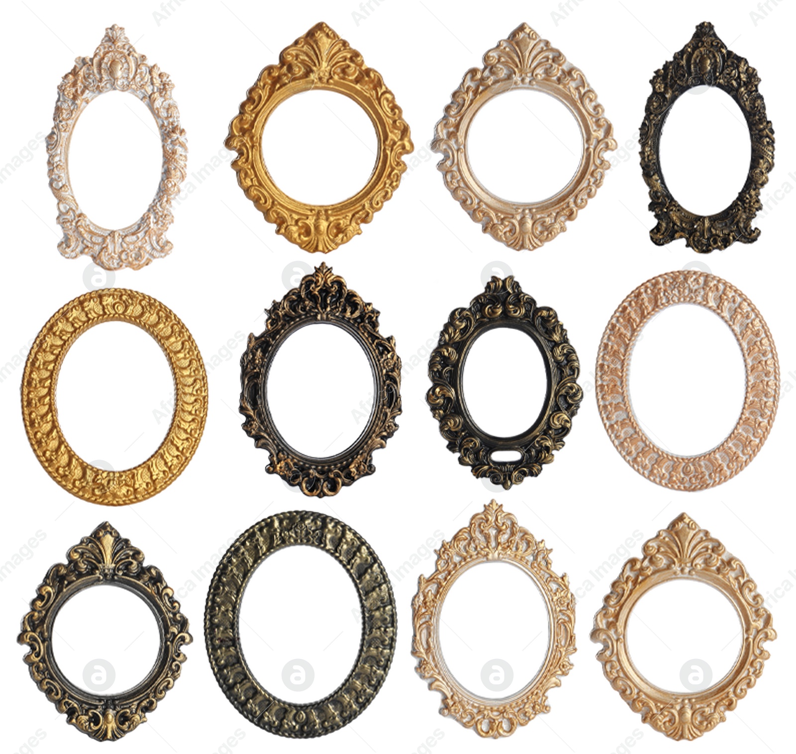 Image of Set of different old fashioned frames on white background