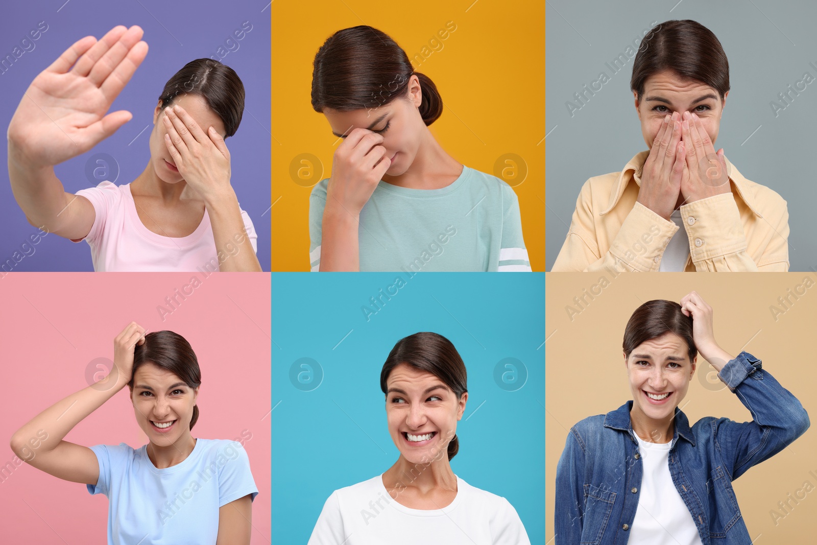 Image of Collage with photos of embarrassed woman on different color backgrounds