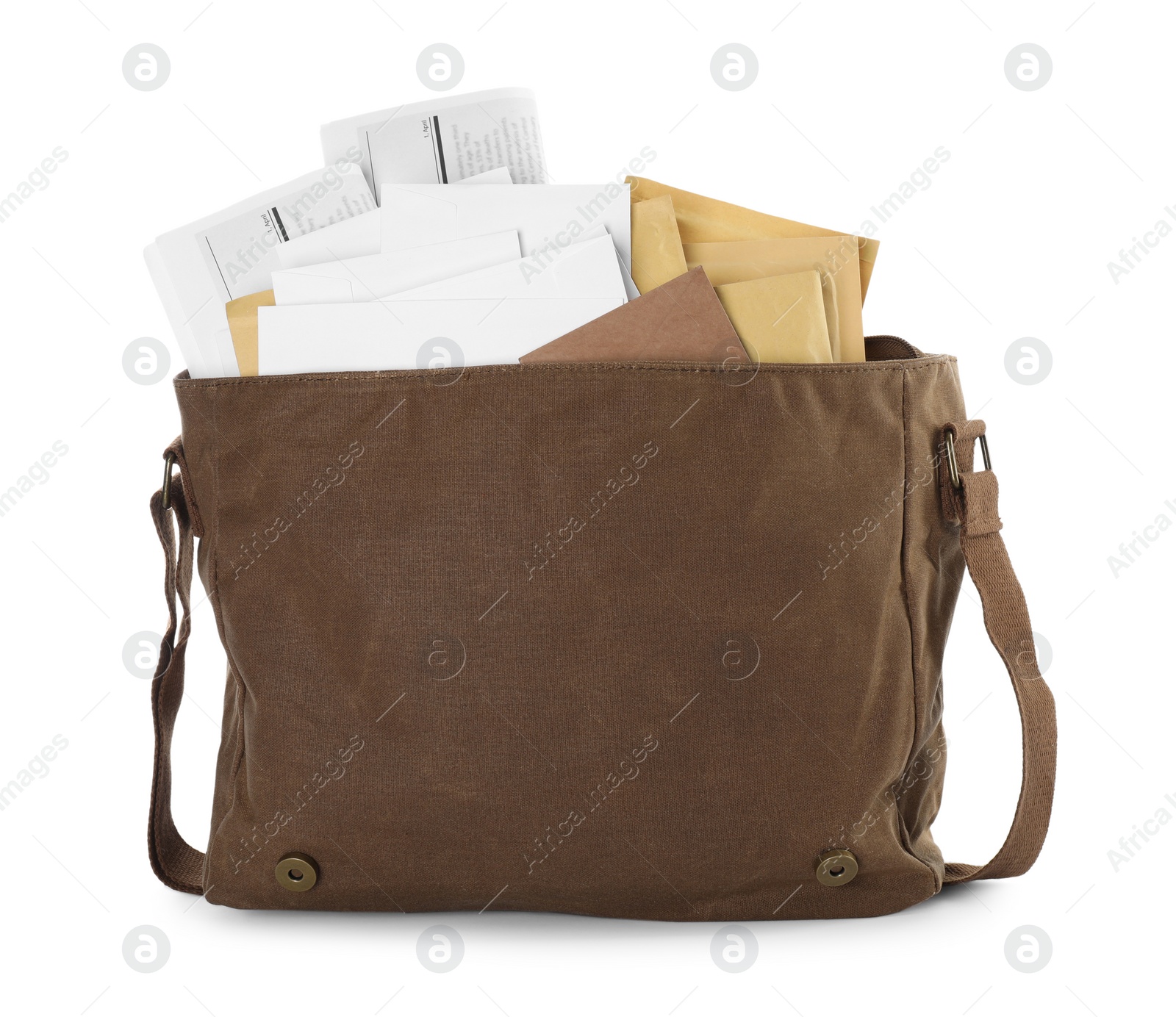 Photo of Brown postman bag with mails and newspapers on white background