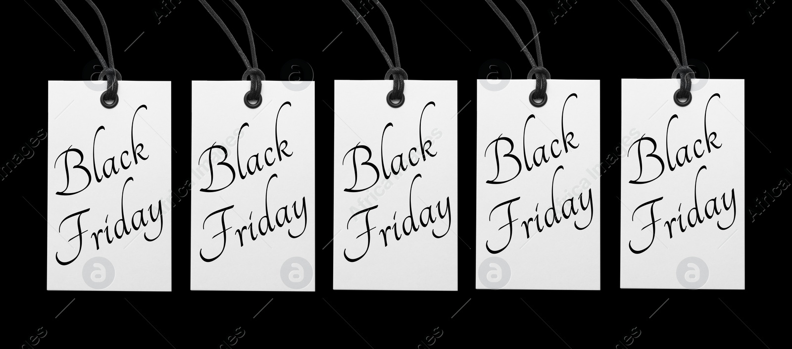 Image of Tags with text BLACK FRIDAY on color background, flat lay. Banner design 