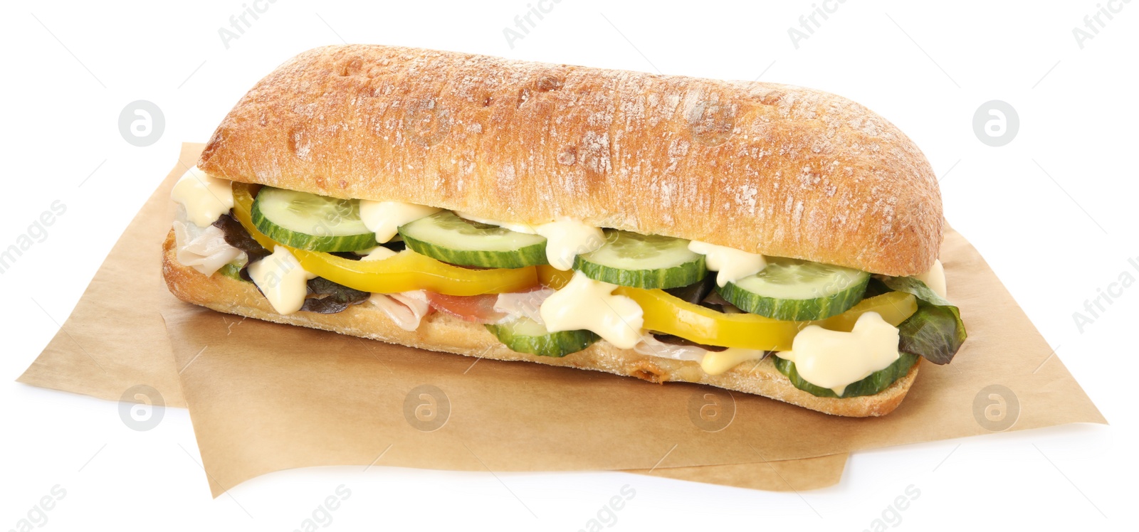 Photo of Delicious sandwich with vegetables, ham and mayonnaise