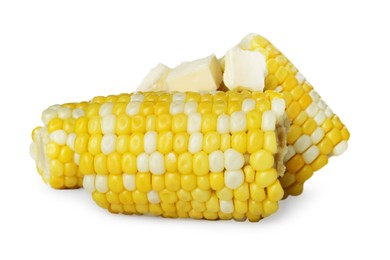 Photo of Tasty corn with butter on white background