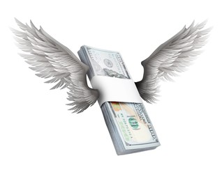 Image of One hundred dollar banknotes with wings on white background