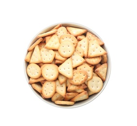 Photo of Delicious crackers in bowl isolated on white, top view