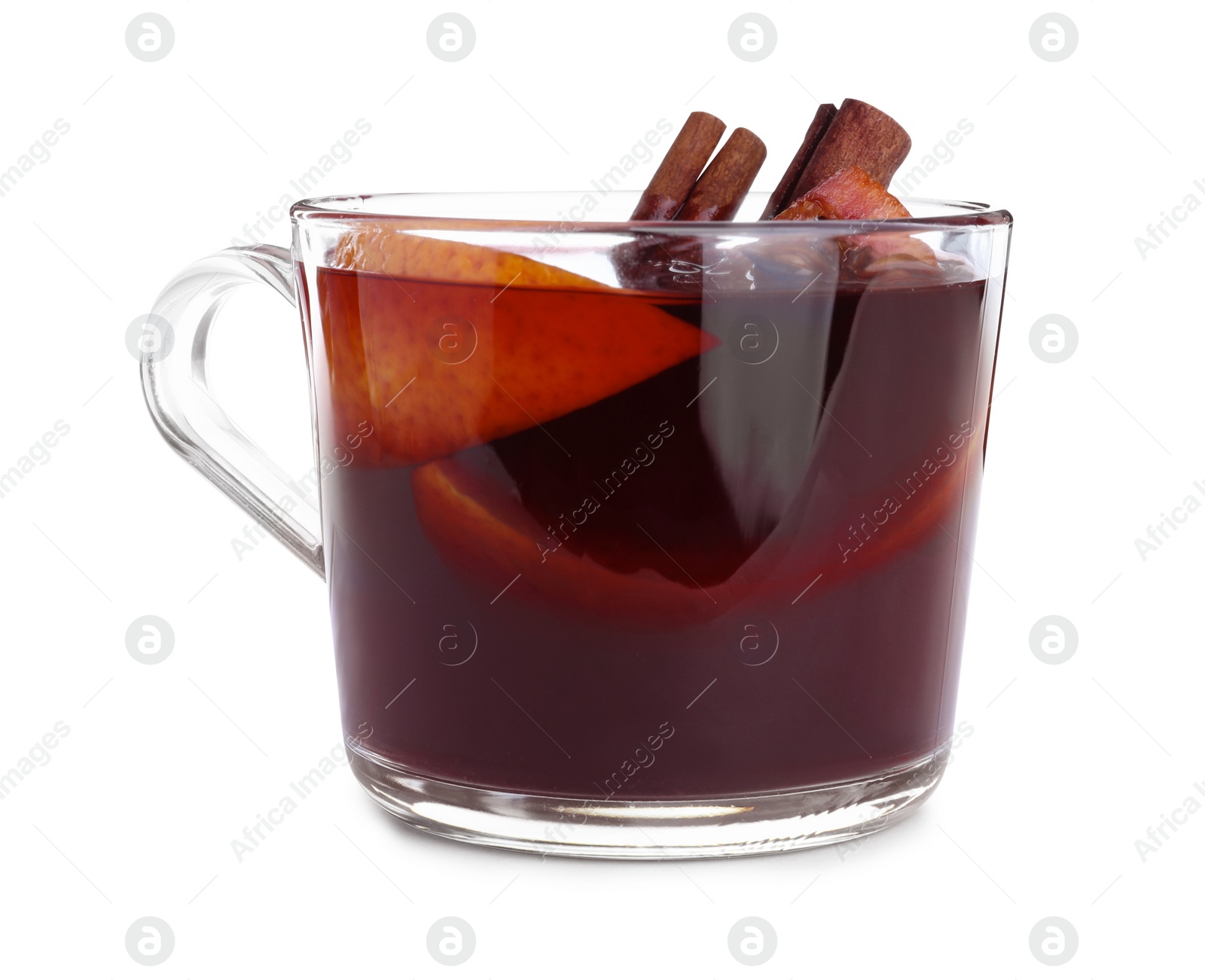 Photo of Aromatic mulled wine in glass cup isolated on white