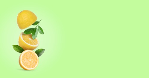 Image of Cut fresh lemons with leaves falling on light green background, space for text. Banner design