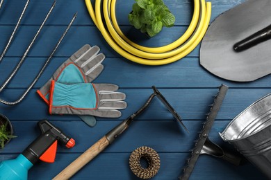 Photo of Flat lay composition with gardening tools and green plants on blue wooden background