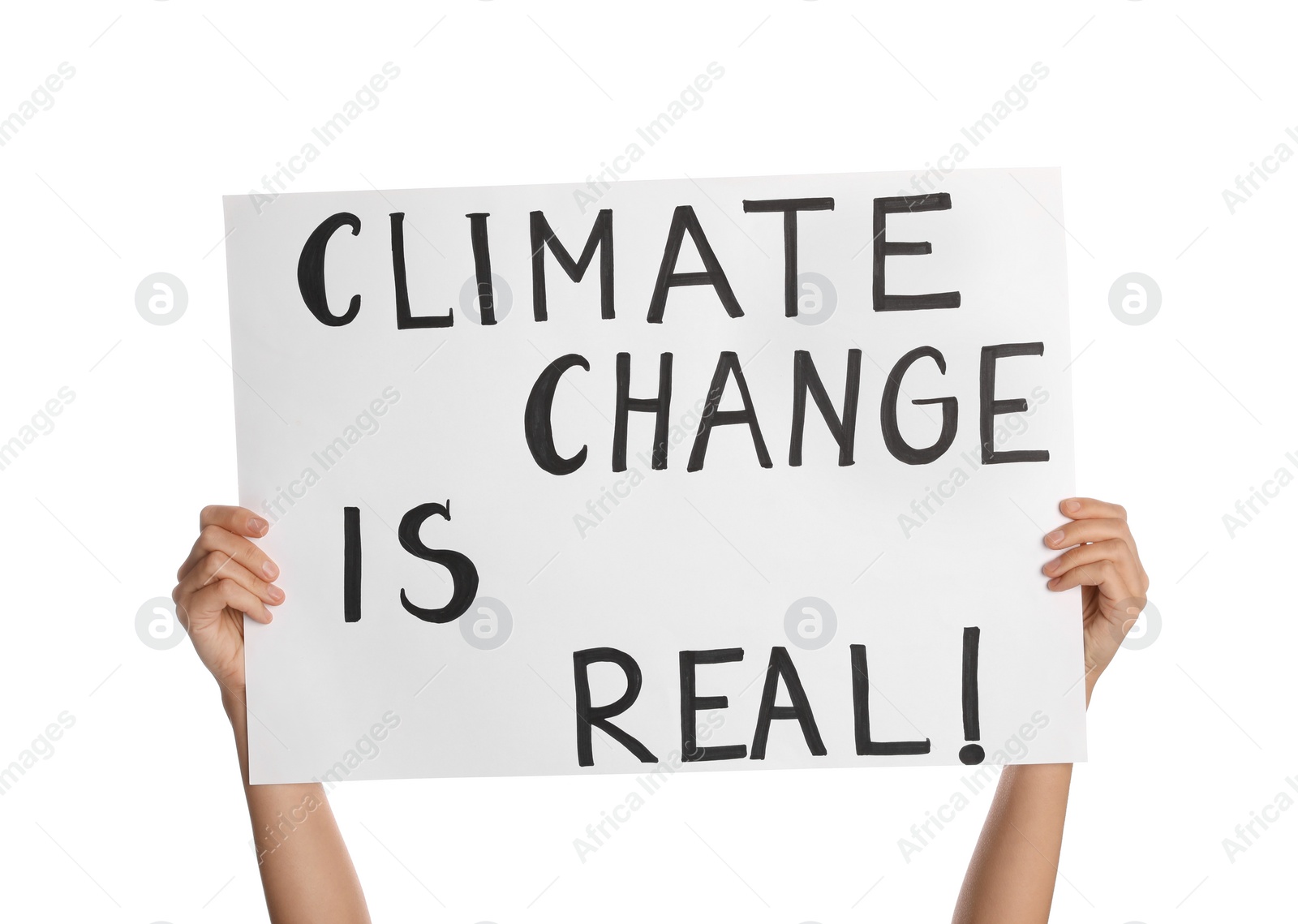 Photo of Protestor holding placard with text Climate Change Is Real on white background, closeup