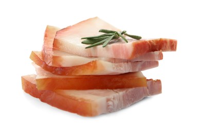 Photo of Delicious smoked bacon with rosemary on white background