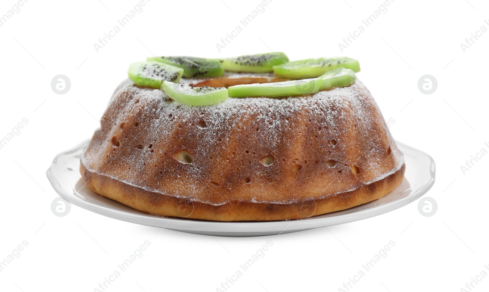 Photo of Homemade yogurt cake with kiwi and powdered sugar on white background