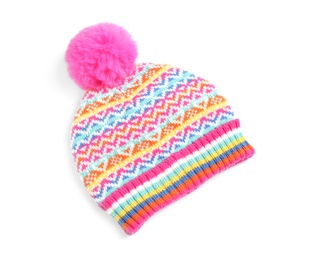 Warm knitted hat on white background, top view