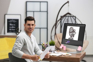 Animator at workplace. Modern computer with illustration on screen