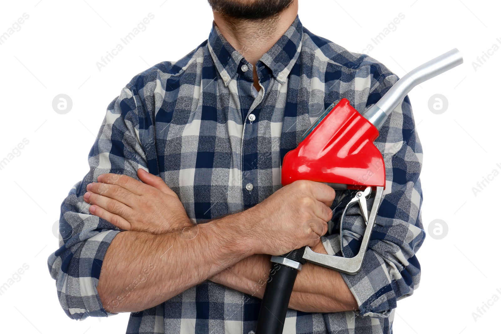 Photo of Man with fuel nozzle on white background, closeup. Gas station