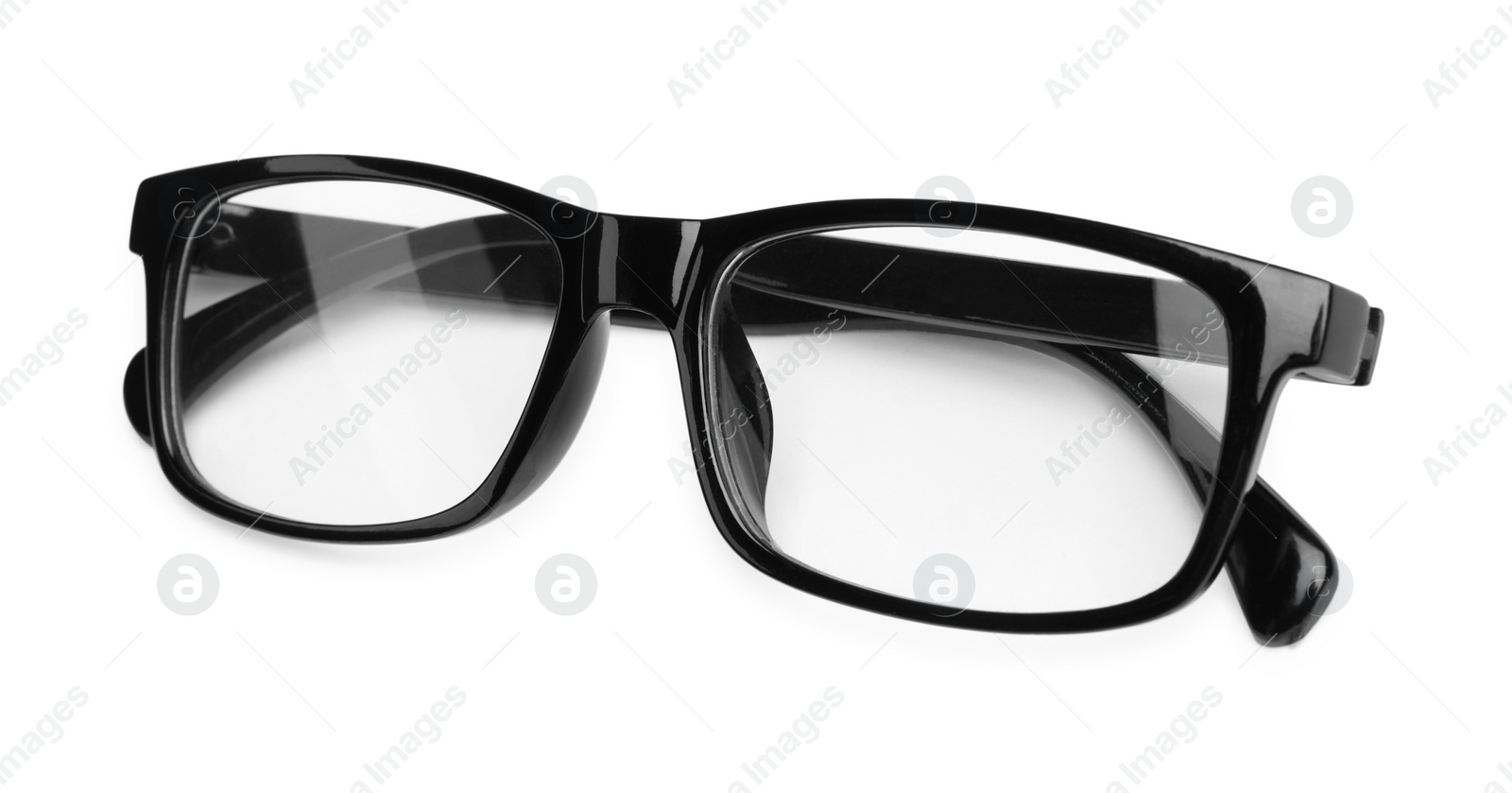 Photo of Stylish glasses with black frame isolated on white