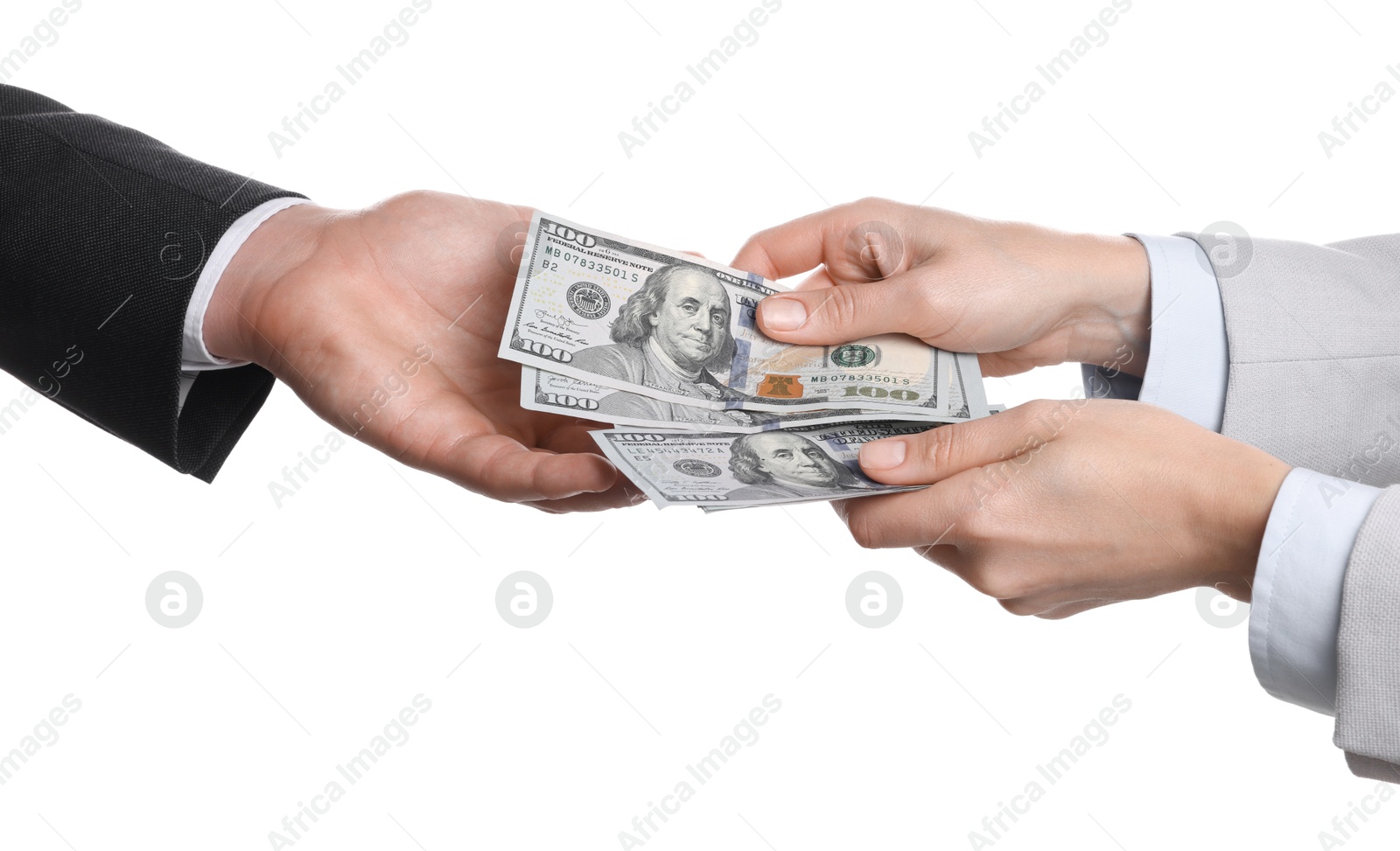 Photo of Money exchange. Man giving dollar banknotes to woman on white background, closeup