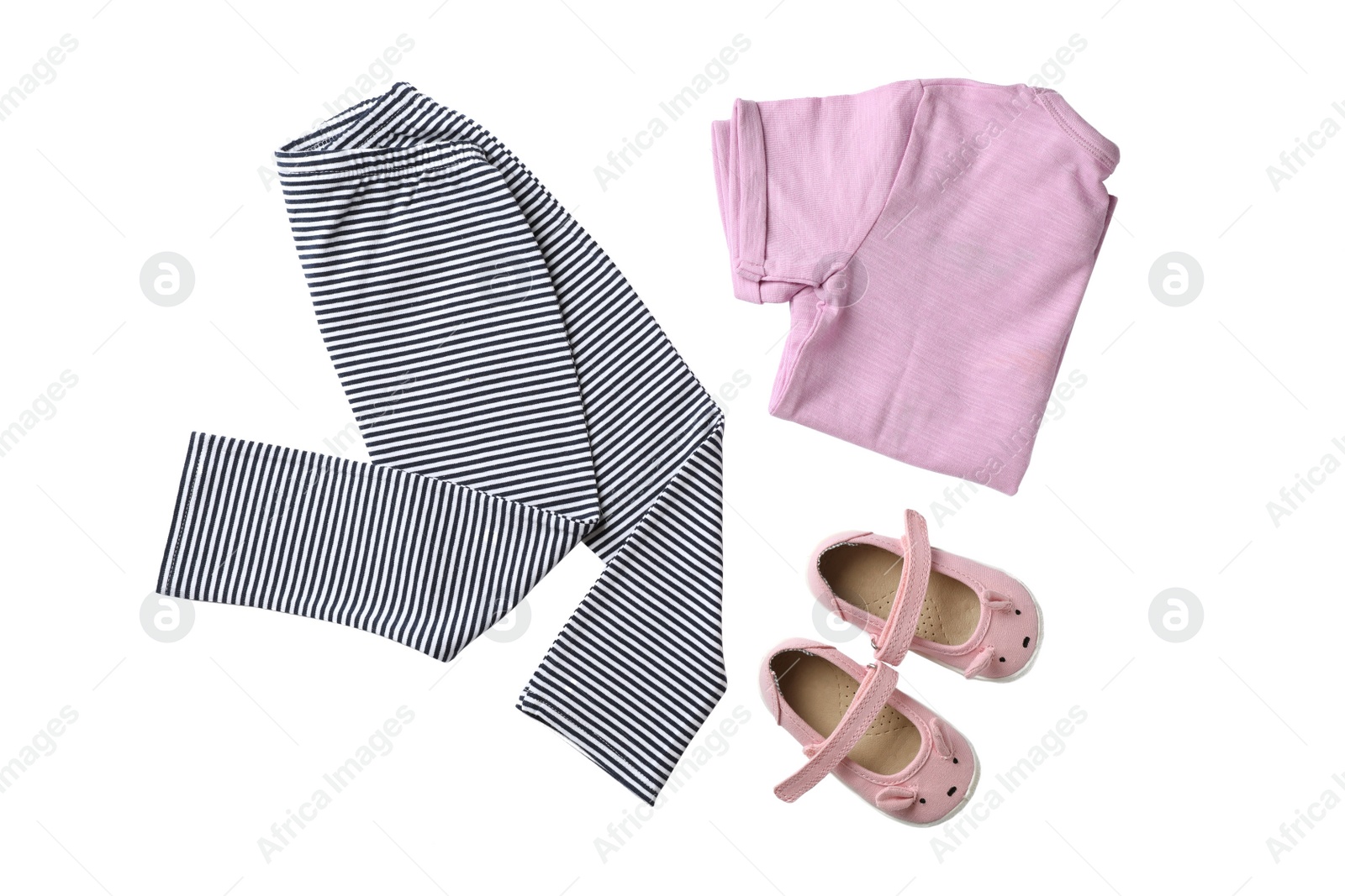 Photo of Flat lay composition with cute child clothes and shoes on white background