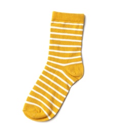 Photo of Cute child sock on white background, top view